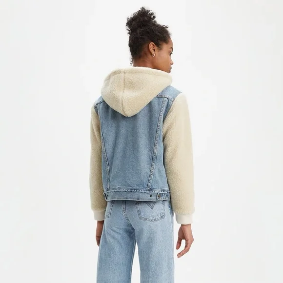 Levi's Premium Ex-Boyfriend Sherpa Hooded Trucker Jean Jacket Medium - Picture 3 of 16